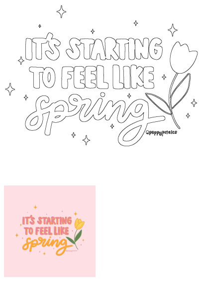 A cheerful spring illustration on a pink background, featuring 'It's starting to feel like spring' text and a bright yellow tulip.