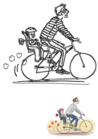 A heartwarming cartoon illustration of a father cycling with his child in a bike seat. The child wears a helmet, with hearts symbolizing joy.