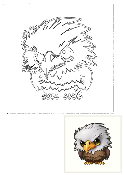 A black and white outline drawing of a cute cartoon eagle with big, expressive eyes on a subtle cotton paper texture.