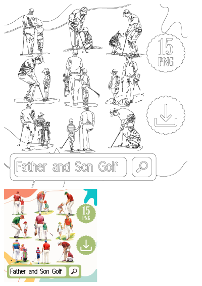 Father and son golfing clipart set. Features dad teaching his boy to golf, walking with clubs, and playing together.