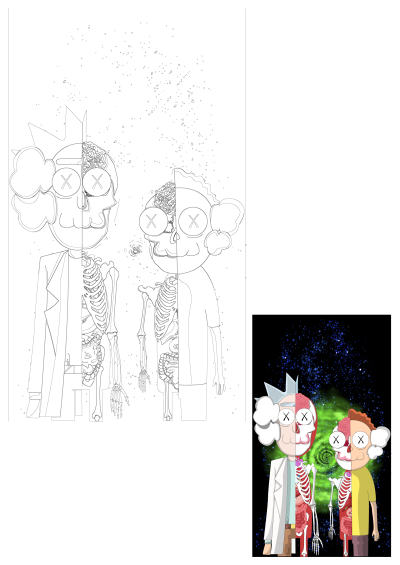 Rick And Morty Cartoon Characters Anatomy Artwork depicts a unique Kaws-inspired dissection, revealing skeletons and internal organs.