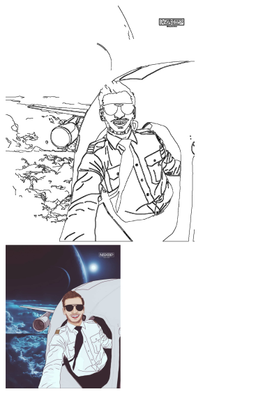 Illustrative art of a smiling male pilot in sunglasses and uniform, with an airplane wing, clouds, and a prominent moon.