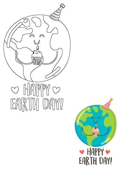 A cheerful Earth character wearing a party hat and holding a cupcake for Happy Earth Day. Both outline and colored illustrations included.