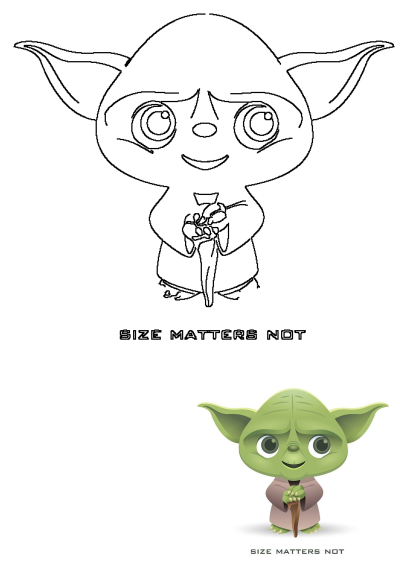 Baby Yoda Size Matters Not Star Wars Character is presented as an outline drawing and a vibrant colored illustration.