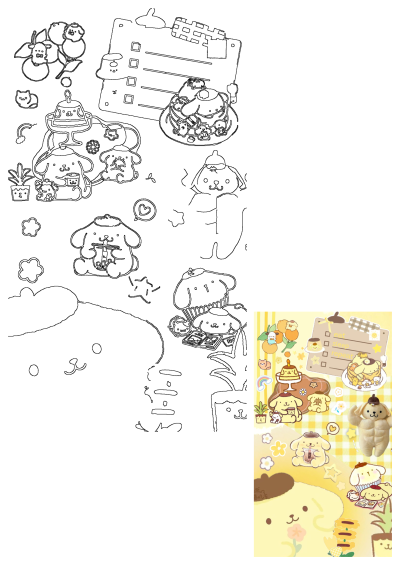 Cute Pompompurin character illustrations on a yellow aesthetic background, featuring pancakes, bubble tea, friends, and everyday activities.