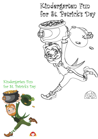 St. Patrick's Day card design: a joyful leprechaun running, spilling gold from his pot and green hat. Perfect for kindergarten fun!