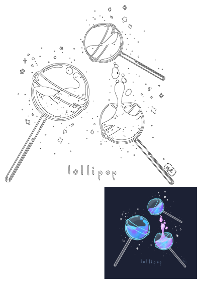 Outline art of three galaxy lollipops with scattered stars, featuring a vibrant cosmic version with dark background as reference.