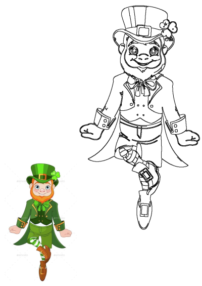 A cheerful cartoon leprechaun wearing green clothes and a hat with a shamrock, depicted in both vibrant color and outline form.