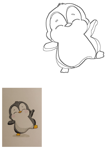 A cute cartoon penguin drawing, cheerfully dancing with rosy cheeks, depicted in both line art and vibrant color.