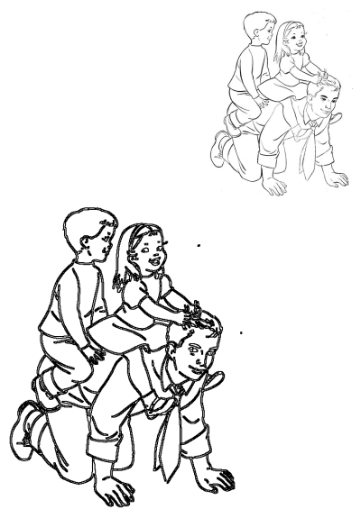 Detailed line art of a father playing horse with a boy and a girl on his back, illustrating joyful family playtime and bonding.
