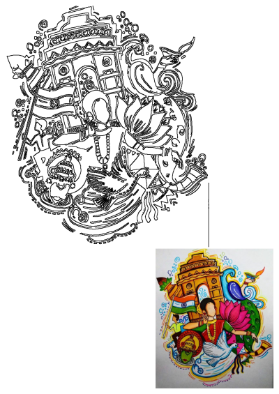 A vibrant collage illustration showcasing Indian culture with India Gate, a peacock, traditional woman, flag, lotus, diya, and dove.