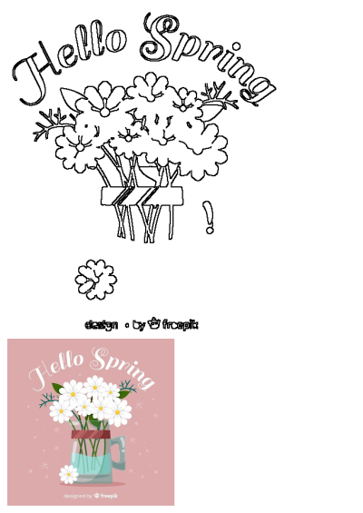 Vibrant illustration of white daisies in a glass vase with 'Hello Spring' text on a soft pink background adorned with delicate white stars.