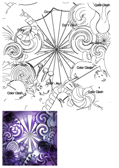 Vibrant purple and white candy swirls, lollipops, and various sweet treats create a delightful abstract background.