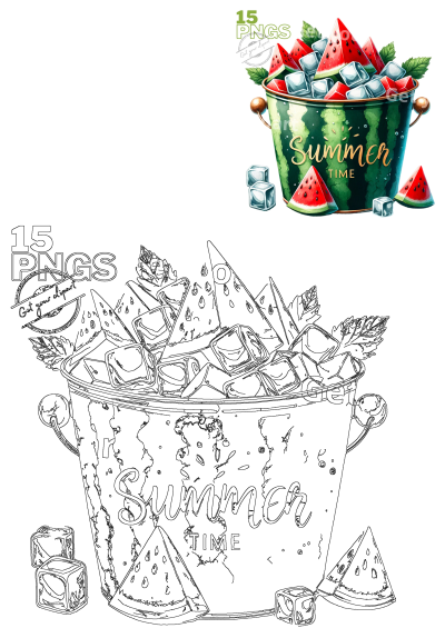 Vibrant watermelon ice bucket illustration with slices, ice, and mint, celebrating summer time. Includes a line art version.