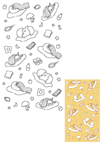 Kawaii Sanrio Gudetama lazy egg and bacon pattern. Adorable Gudetama, bacon strips, toast, fried eggs, and whimsical elements.