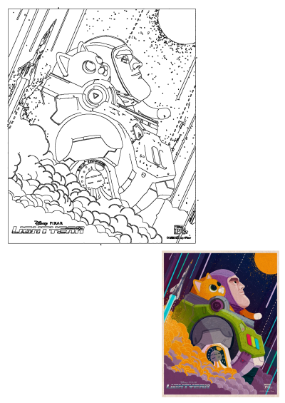 Buzz Lightyear and Sox the cat launch into space in a vibrant poster for Disney Pixar's Lightyear movie, featuring a spaceship and starry sky.