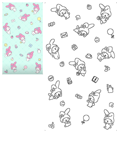 My Melody character pattern on a blue background. Cute bunny poses with strawberries, cupcakes, gifts, and balloons on a light blue backdrop.