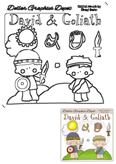 A heartwarming David and Goliath children's illustration featuring simplified characters and key elements like a sling, sword, and stones.