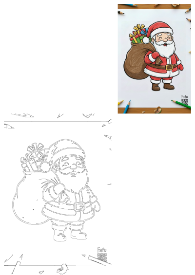 Smiling Santa Claus with a sack of presents, as a vibrant drawing and a ready-to-color outline. Perfect for festive fun.