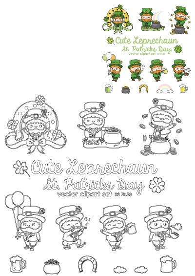 Cute Leprechaun St Patricks Day vector clipart set. Features leprechauns, pots of gold, shamrocks, rainbows, and beer for commercial use.