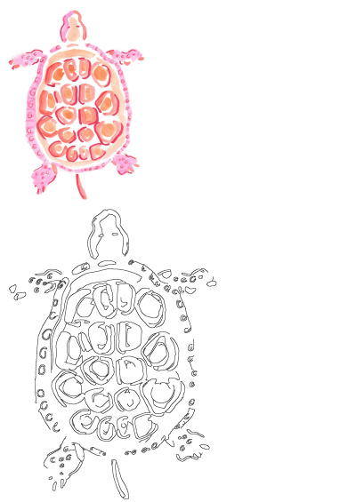 Watercolor pink and orange turtle drawing with heart-like shell details, alongside a black outline, fitting a Valentine's Day theme.