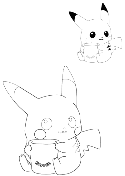 Cute outline of a Pikachu holding a coffee cup with 'KOFFEE' text, a fun design for Pokemon fans.