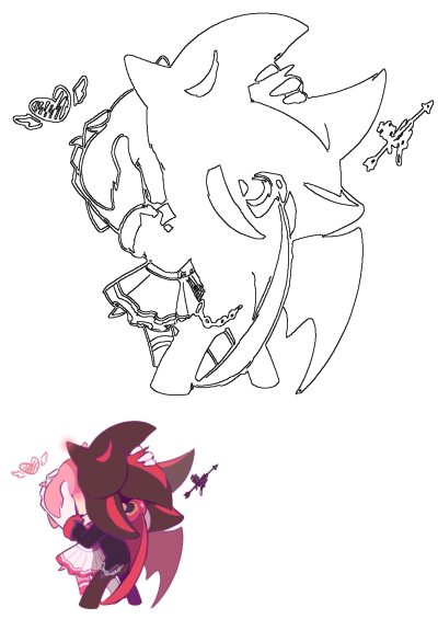 Cute fanart depicting a cartoon girl embracing a character with a horns hat, surrounded by hearts and an arrow.