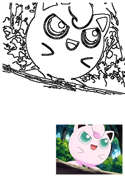 A pink Jigglypuff Pokemon with green eyes, presented as a black and white outline drawing and a vibrant illustration in a forest scene.