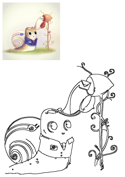 Cute illustration of a charming snail postman in a blue uniform delivering a love letter to a whimsical acorn mailbox.