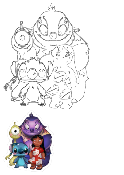 Lilo, Stitch, Jumba, and Pleakley cartoon characters art featuring a black-and-white outline and a vibrant colored illustration.