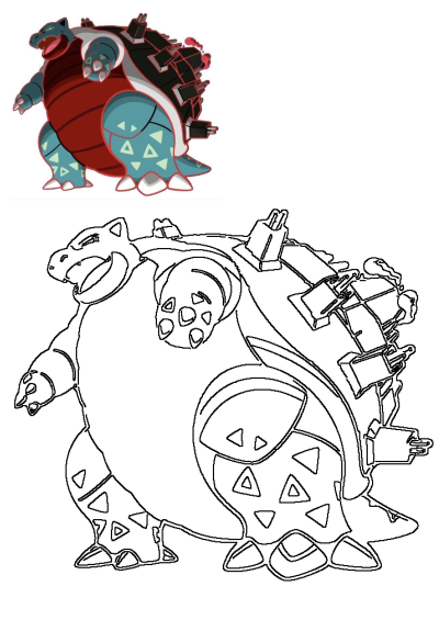 Detailed Gigantamax Blastoise Pokemon artwork with its vibrant colors and imposing cannons, accompanied by a precise black-and-white line art.