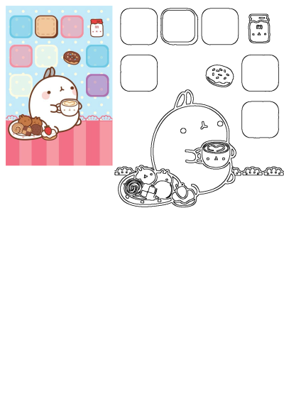 Cute cartoon character enjoying coffee and pastries, including donuts, on a pastel wallpaper with app icons. Features a coloring outline.