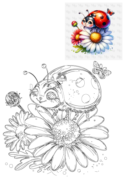 Cute ladybug illustration perched on a white daisy flower with a butterfly. Includes a black and white outline for coloring.