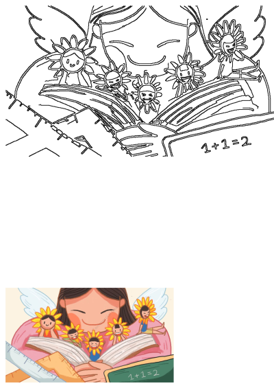Illustration of a happy girl with angel wings reading a book, surrounded by smiling children dressed as sunflowers, promoting learning.