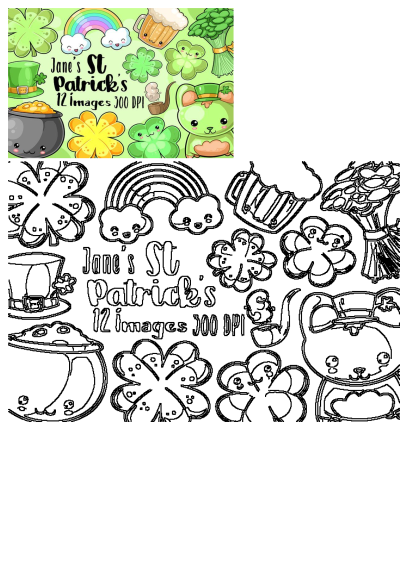 St. Patricks Day clipart: colorful shamrocks, clovers, rainbow, beer, leprechaun cat, pot of gold. Includes matching outline versions.