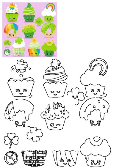 Vibrant St. Patrick's Day clipart featuring cute kawaii cupcakes, donuts, shamrocks, and rainbows, alongside black outlines.