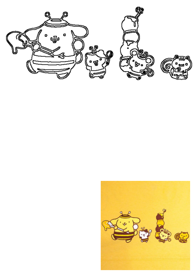 Vibrant yellow shirt with a charming cartoon design featuring Pompompurin dressed as a bee, holding honey, alongside his animal friends.