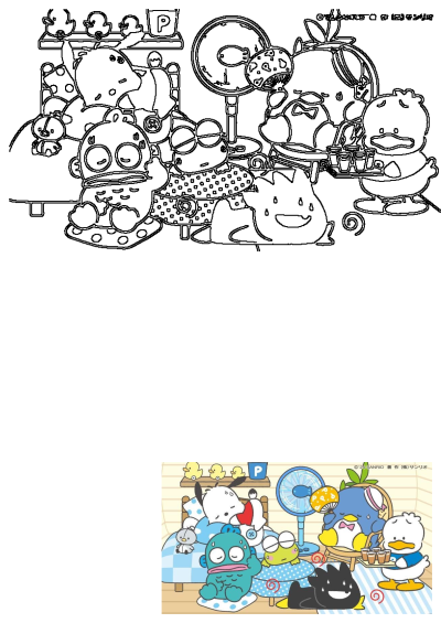 Sanrio characters, including Pochacco, Hangyodon, Keroppi, Badtz-Maru, and Pekkle, feeling hot in a room with a fan and drinks. Cartoon line art.