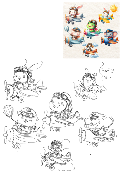 Vibrant cartoon animals, including a bunny, bear, frog, elephant, and dog, dressed as pilots flying colorful planes. Includes line art versions.