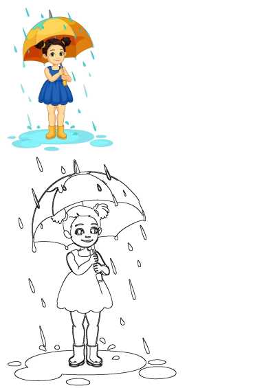 A vibrant cartoon illustration of a happy girl in a blue dress, yellow boots, and umbrella in the rain, with an outline for coloring.