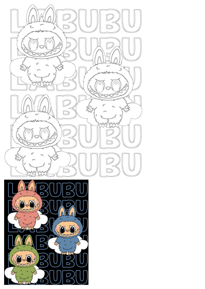 Cute Labubu characters in bunny monster costumes, also known as Bubbabu Lubby. Features outlines and vibrant colored illustrations.