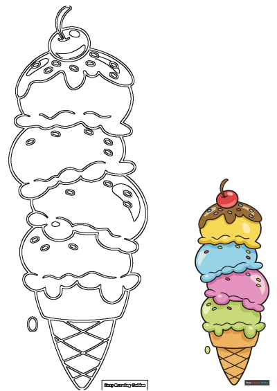 Easy drawing guide for a tall, stacked ice cream cone with colorful scoops, chocolate drizzle, sprinkles, and a cherry.