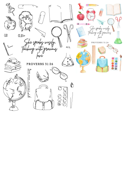 Vibrant watercolor and outline school supplies including apples, books, and text Proverbs 31:26 for teacher appreciation.