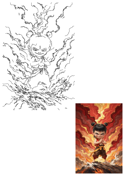Mischievous Nezha cartoon character in a red vest, standing with hands clasped, surrounded by dynamic red and orange fire.
