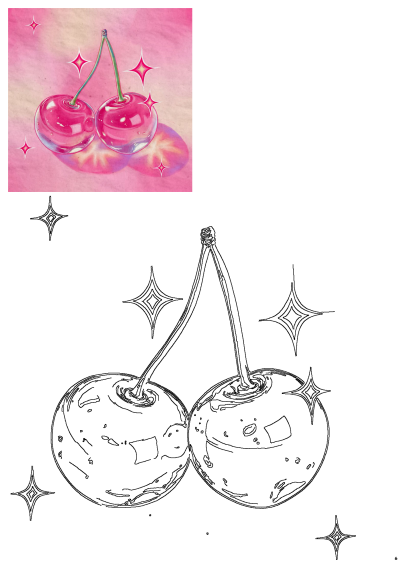 Two shiny pink cherries with green stems, vibrant reflections, and star sparkles on a textured pink watercolor background.