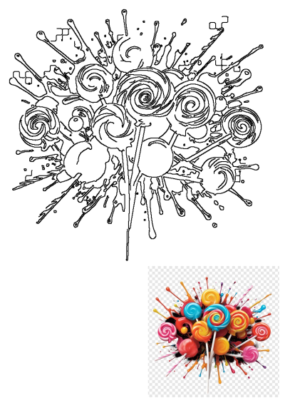 A vibrant design featuring a cluster of colorful lollipops with playful sprinkles and energetic paint splatter on a white background.