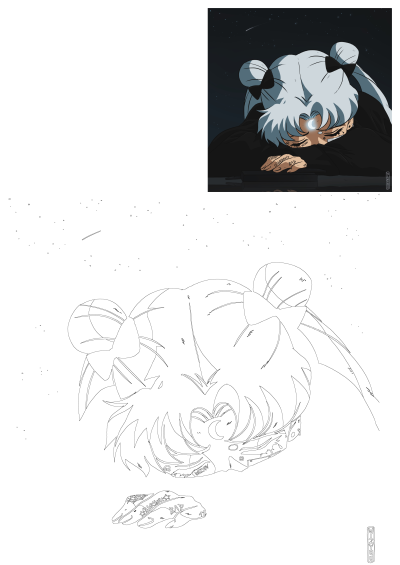 A sad, tattooed Sailor Moon anime girl with white hair and glowing crescent moon on her forehead, resting her head against a starry night sky in a kawaii style. Includes line art.