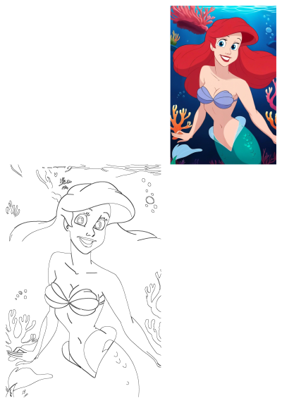 Ariel from Disney's The Little Mermaid, a vibrant red-haired princess with a green tail, smiling underwater amidst coral, alongside a black and white line art version.