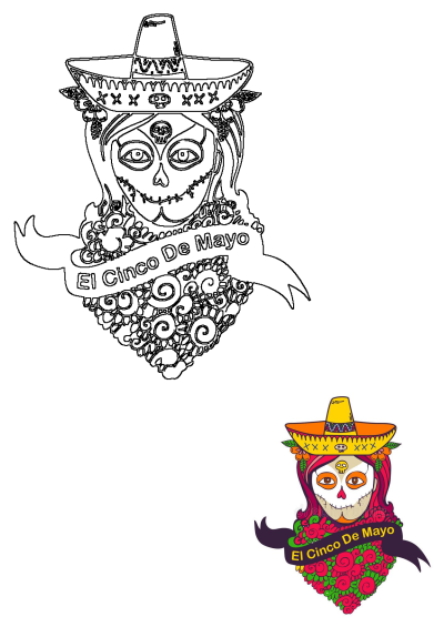 Cinco De Mayo Mexican sugar skull wearing a sombrero, adorned with flowers and a banner. Features both outline and colored illustrations.