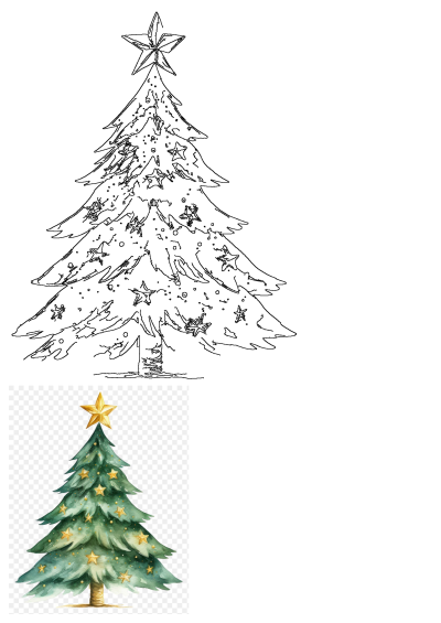 Festive Christmas tree design featuring a detailed black and white outline sketch and a vibrant watercolor illustration with golden stars and a topper.